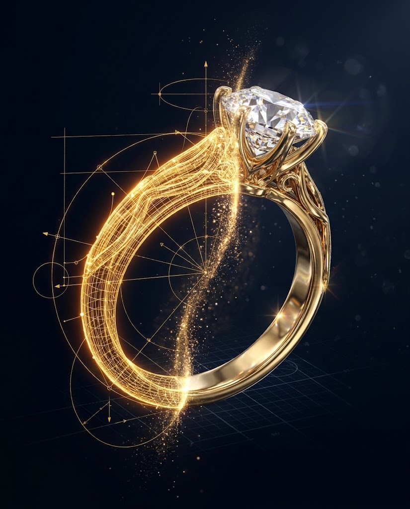 Gold ring emerging from a glowing CAD wireframe — from design to finished piece