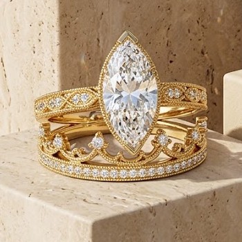 The Elwood — marquise diamond engagement ring with vintage milgrain and stacking bands