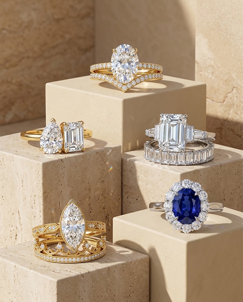 Five Honey & Lee custom engagement rings on travertine blocks